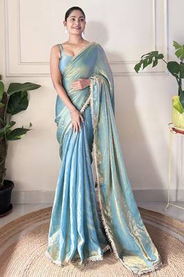 Sky blue tissue satin sequins saree with unstitched blouse piece. 5