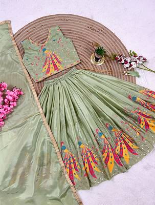 Mintgreen chinon silk sequence embroidery work lehenga choli for kids 3
