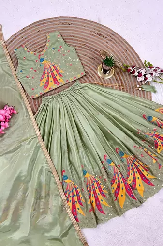Mintgreen chinon silk sequence embroidery work lehenga choli for kids