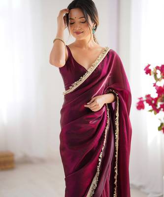 Wine tissue satin sequins saree with unstitched blouse piece. 1