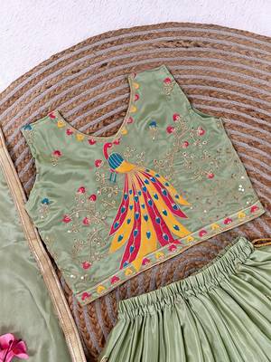 Mintgreen chinon silk sequence embroidery work lehenga choli for kids 4