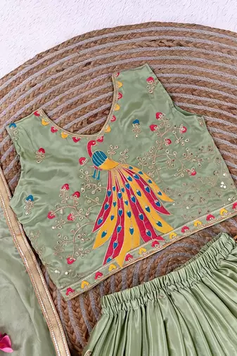 Mintgreen chinon silk sequence embroidery work lehenga choli for kids