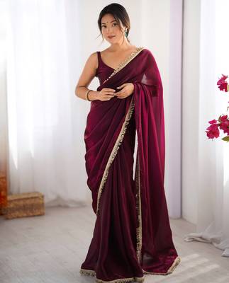 Wine tissue satin sequins saree with unstitched blouse piece. 2