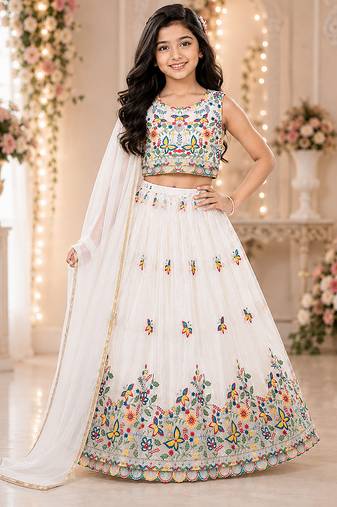 White chinon silk sequence embroidery work lehenga choli for kids
