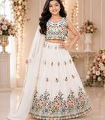 White chinon silk sequence embroidery work lehenga choli for kids
