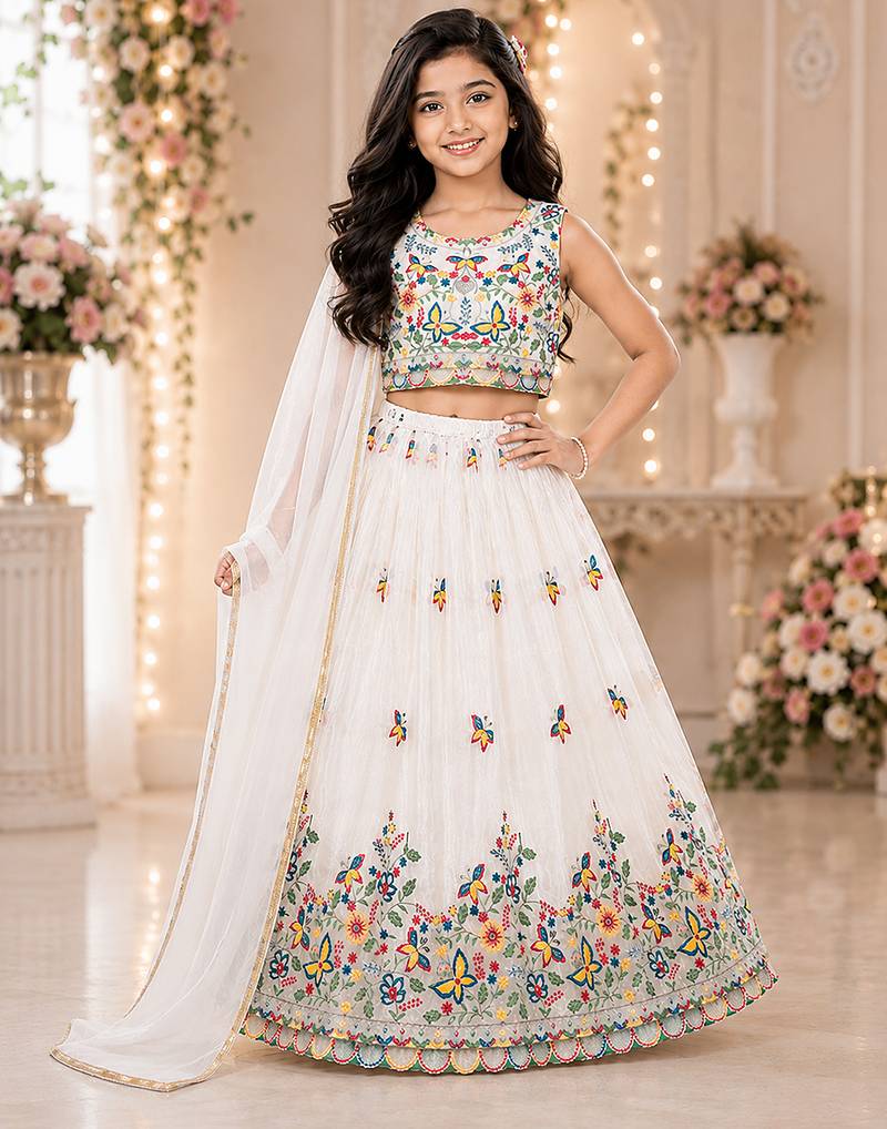 White chinon silk sequence embroidery work lehenga choli for kids
