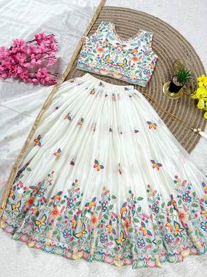 White chinon silk sequence embroidery work lehenga choli for kids 2