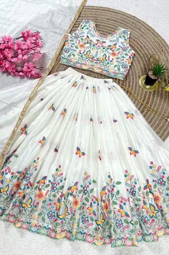 White chinon silk sequence embroidery work lehenga choli for kids