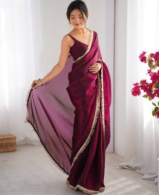Wine tissue satin sequins saree with unstitched blouse piece. 3
