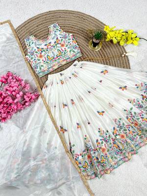 White chinon silk sequence embroidery work lehenga choli for kids 3