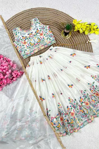 White chinon silk sequence embroidery work lehenga choli for kids