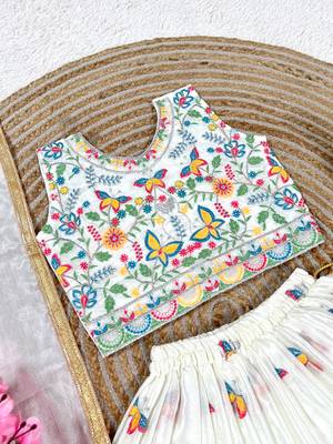 White chinon silk sequence embroidery work lehenga choli for kids 4