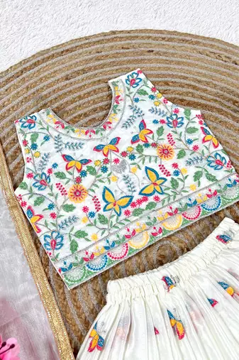 White chinon silk sequence embroidery work lehenga choli for kids