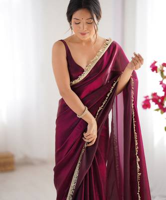 Wine tissue satin sequins saree with unstitched blouse piece. 4