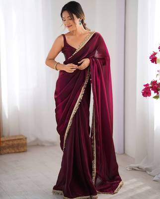 Wine tissue satin sequins saree with unstitched blouse piece. 5