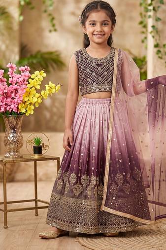 Wine and pink chinon silk sequence embroidery work lehenga choli for kids