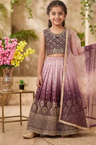Wine and pink chinon silk sequence embroidery work lehenga choli for kids