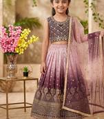 Wine and pink chinon silk sequence embroidery work lehenga choli for kids