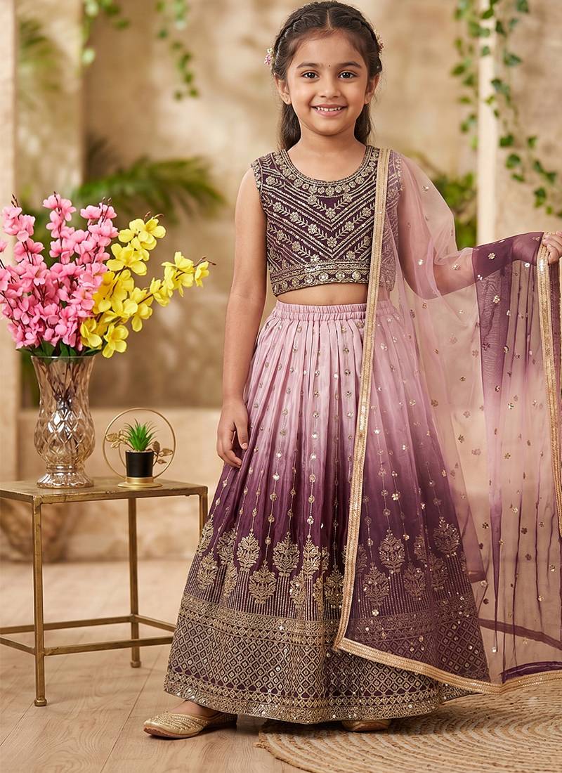 Wine and pink chinon silk sequence embroidery work lehenga choli for kids