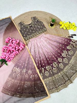 Wine and pink chinon silk sequence embroidery work lehenga choli for kids 2