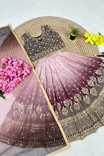 Wine and pink chinon silk sequence embroidery work lehenga choli for kids