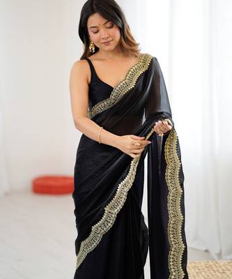 Black tissue satin sequins saree with unstitched blouse piece. 1