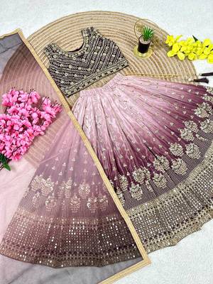Wine and pink chinon silk sequence embroidery work lehenga choli for kids 3