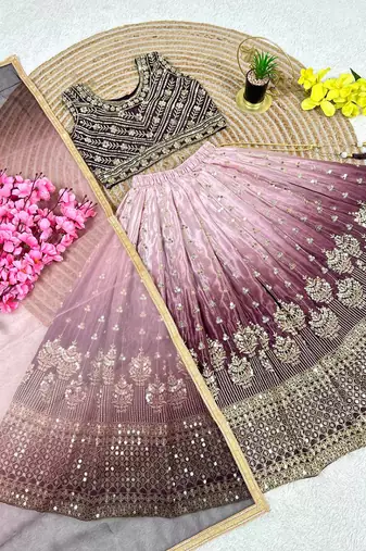 Wine and pink chinon silk sequence embroidery work lehenga choli for kids