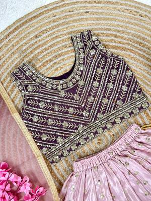 Wine and pink chinon silk sequence embroidery work lehenga choli for kids 4