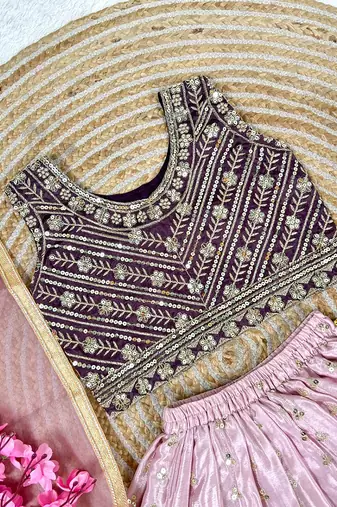 Wine and pink chinon silk sequence embroidery work lehenga choli for kids