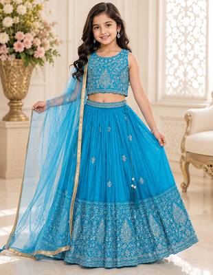 Skyblue chinon silk sequence embroidery work lehenga choli for kids 1