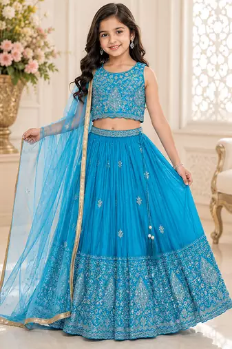 Skyblue chinon silk sequence embroidery work lehenga choli for kids