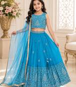Skyblue chinon silk sequence embroidery work lehenga choli for kids