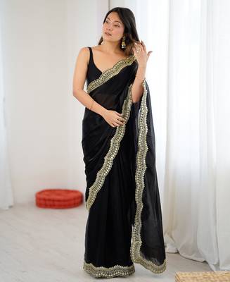 Black tissue satin sequins saree with unstitched blouse piece. 3