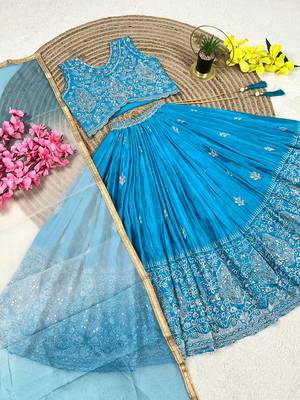 Skyblue chinon silk sequence embroidery work lehenga choli for kids 2