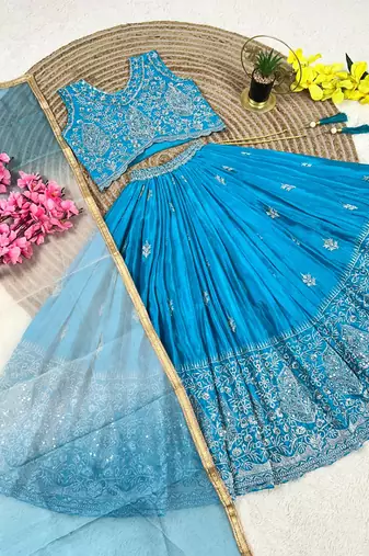 Skyblue chinon silk sequence embroidery work lehenga choli for kids