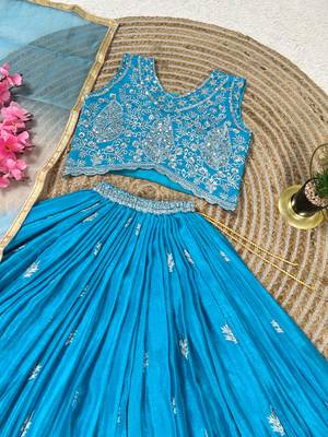 Skyblue chinon silk sequence embroidery work lehenga choli for kids 3