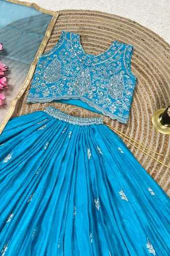 Skyblue chinon silk sequence embroidery work lehenga choli for kids