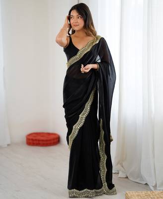 Black tissue satin sequins saree with unstitched blouse piece. 5