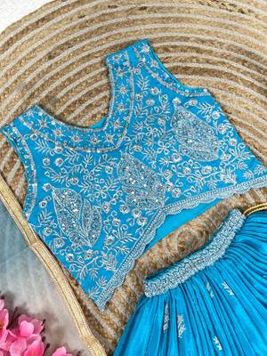 Skyblue chinon silk sequence embroidery work lehenga choli for kids 4