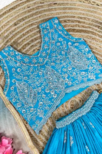 Skyblue chinon silk sequence embroidery work lehenga choli for kids