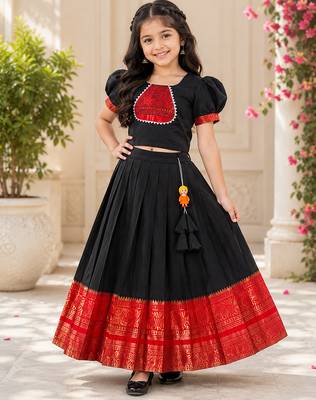 Black cotton narayan pet zari weaving boarder lehenga choli for kids 1