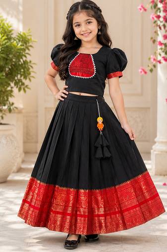 Black cotton narayan pet zari weaving boarder lehenga choli for kids
