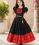 Black cotton narayan pet zari weaving boarder lehenga choli for kids