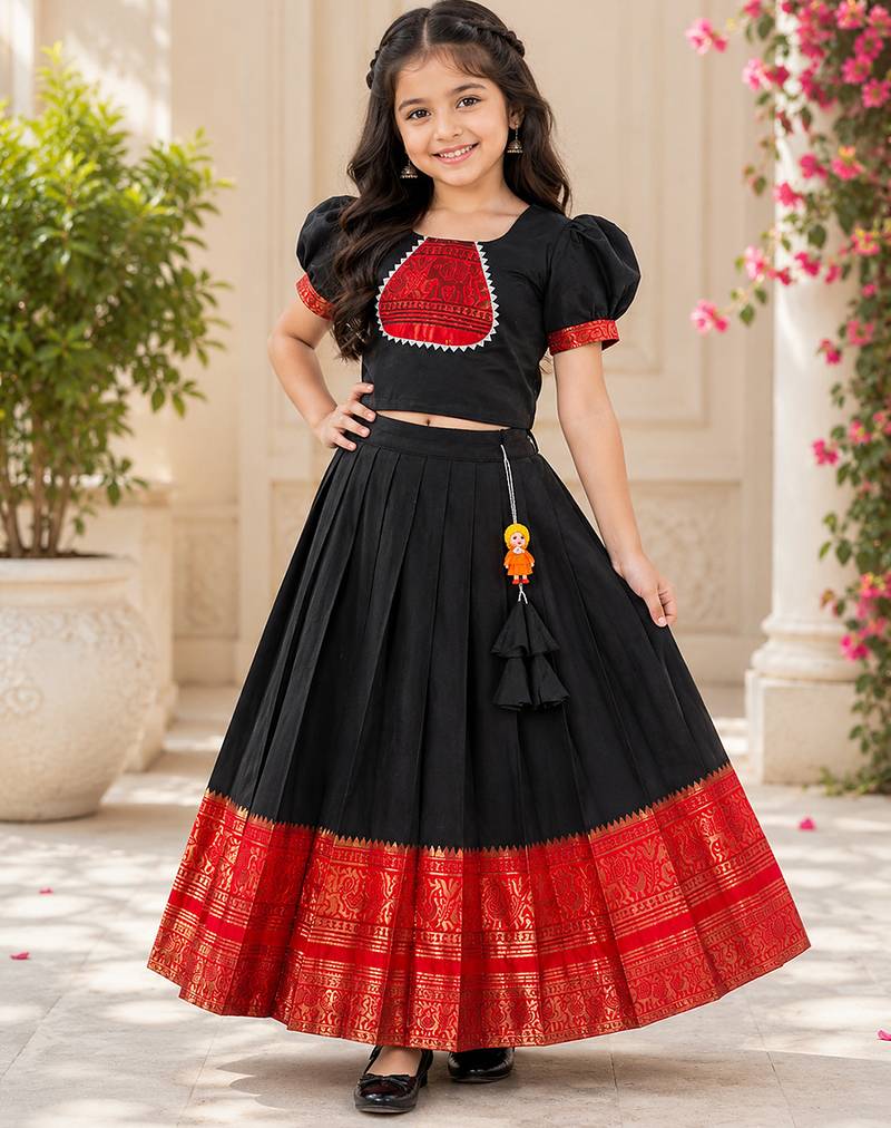 Black cotton narayan pet zari weaving boarder lehenga choli for kids