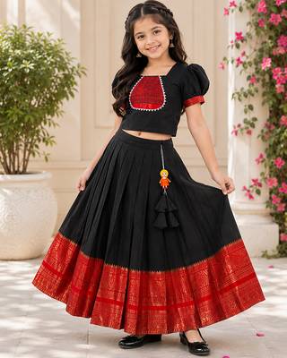 Black cotton narayan pet zari weaving boarder lehenga choli for kids 2