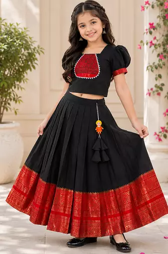 Black cotton narayan pet zari weaving boarder lehenga choli for kids