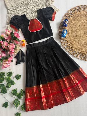 Black cotton narayan pet zari weaving boarder lehenga choli for kids 3