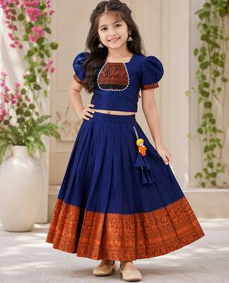 Blue cotton narayan pet zari weaving boarder lehenga choli for kids 1