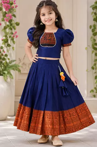 Blue cotton narayan pet zari weaving boarder lehenga choli for kids